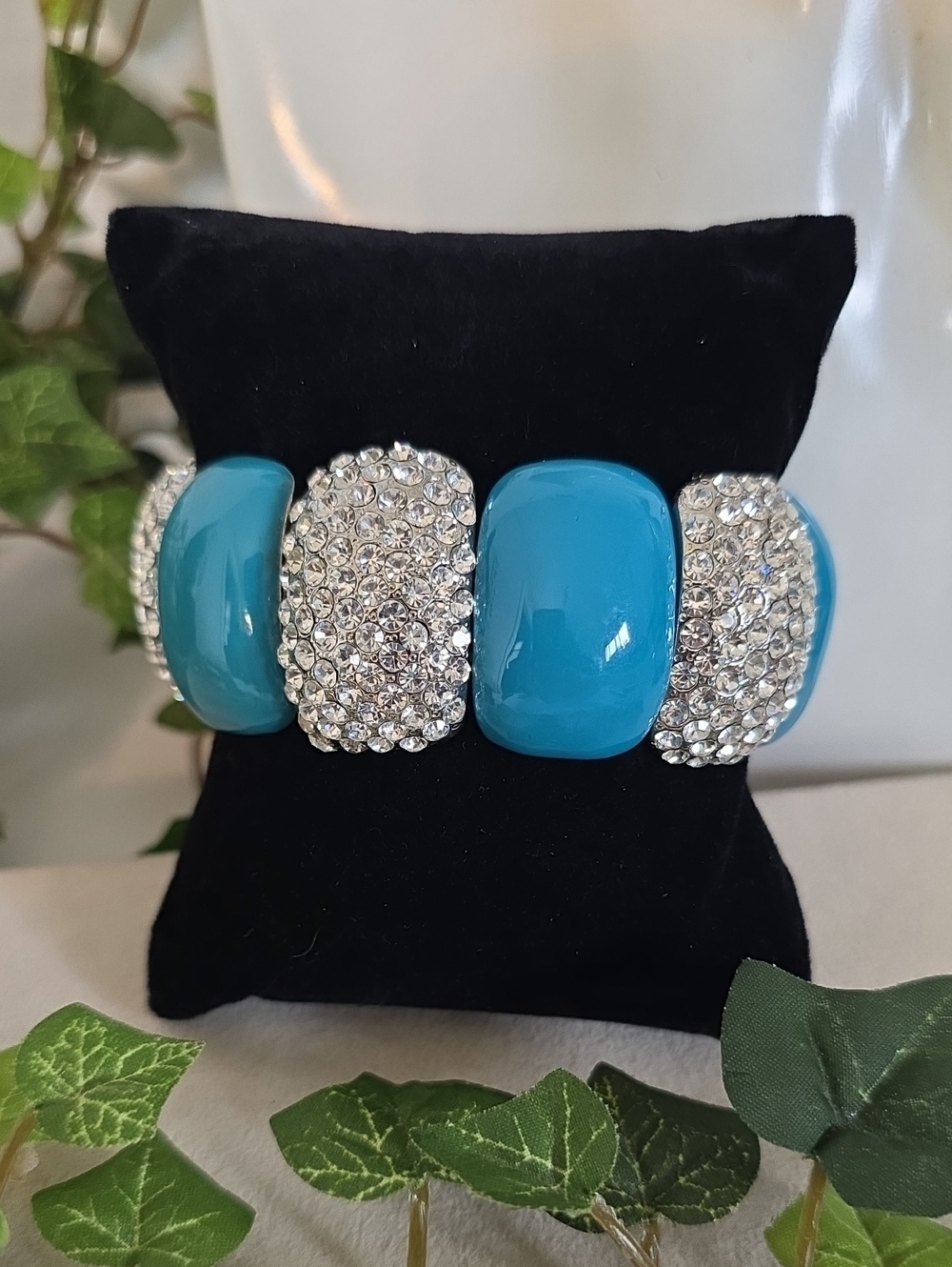 Turquoise Enamel & Pavé Rhinestone Stretch Statement Bracelet